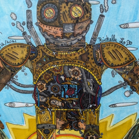 SOLD 🤖⛰️ HANDMADE DrawingArtworkDecor |Steampunk Giant| Signed Richelle L. ⛰️🤖 - Picture 2 of 7